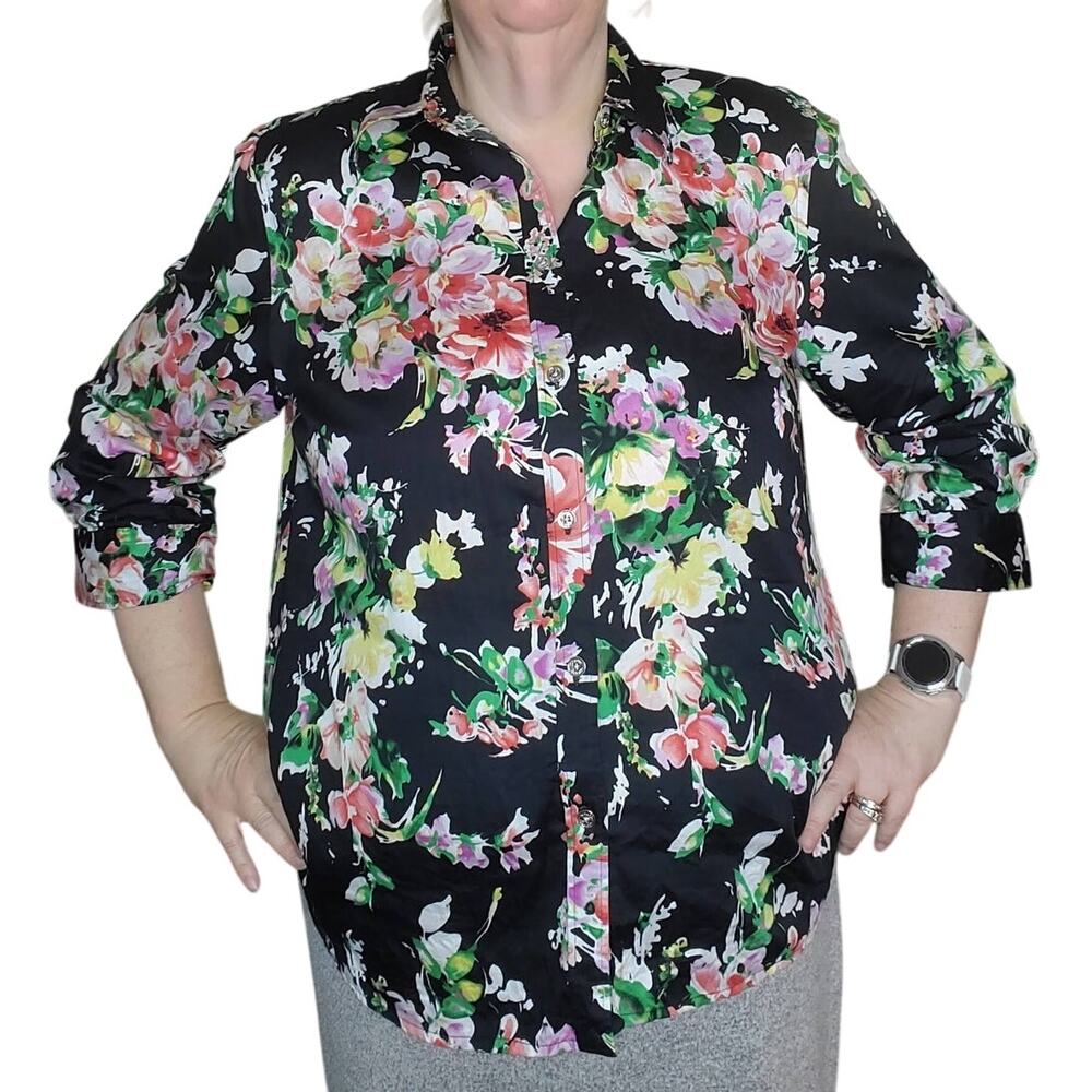 Chaps Size XL/2X (fitted) Dark Floral Button Up Shirt 3/4 Sleeve Silver Buttons